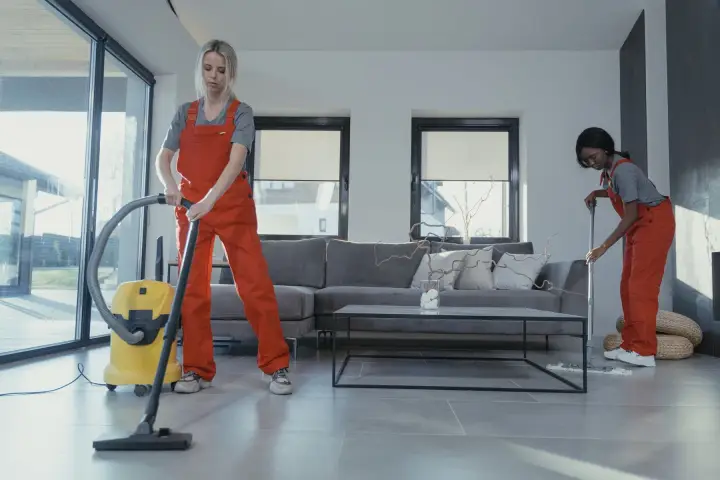 Two cleaners in orange overalls vacuum and mop a bright, modern living room with a grey sectional sofa.