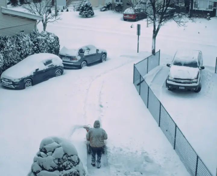 Seen from above, a person in a winter coat clears a deep-snow residential driveway beside snow-covered cars.